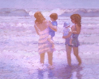 Beach greeting card 5x7 mothers at the seashore, Mother's Day, ocean, children, shore, blue, seaside art, lavender, pink, moms, son, baby