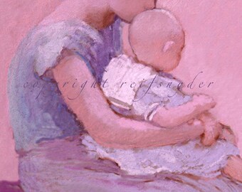 Mother and baby greeting card, child, Mom, lavender, purple, pink, blue, Mother's Day, woman holding her baby, 5x7