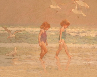 ACEO Beach print two girls, seagulls, seashore, sisters, ocean, shore, paintings, birds flying, seaside, pink, beige, green