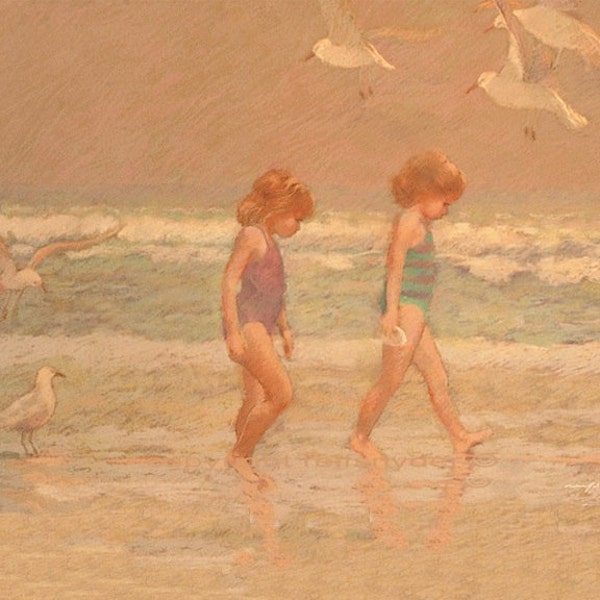 ACEO Beach print two girls, seagulls, seashore, sisters, ocean, shore, paintings, birds flying, seaside, pink, beige, green