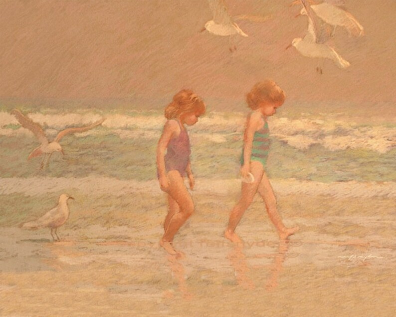 ACEO Beach print two girls, seagulls, seashore, sisters, ocean, shore, paintings, birds flying, seaside, pink, beige, green image 1