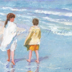 Beach print of two children, boy, girl, walking the seashore, ocean, shore, blue, yellow, seaside, brother, sister, kids, 8x10 16x20 24x36 image 1