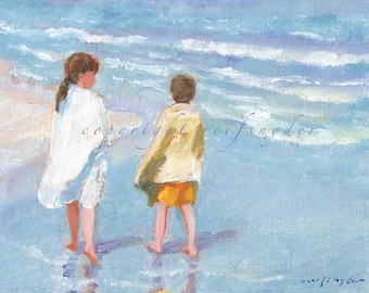 Beach canvas print boy and girl, two children, walking, shore, ocean, seashore, blue, yellow, brother, sister 11x14 18x24  24x30 30x40