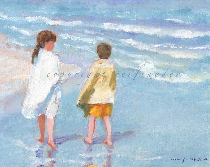 Beach print of two children, boy, girl, walking the seashore, ocean, shore, blue, yellow, seaside, brother, sister, kids, 8x10 16x20 24x36 image 1