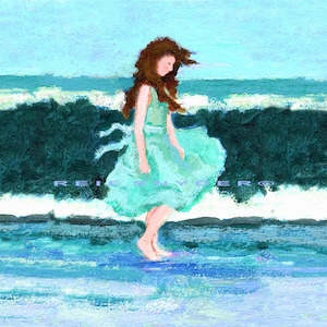Beach print Girl in a dress walking on the shore, seashore, ocean, seaside, sea, children, aqua blue, dark green, canvas, paper, 8x10 11x14