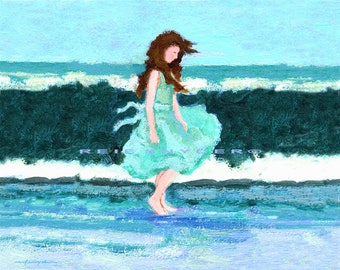 Beach print Girl in a dress walking on the shore, seashore, ocean, seaside, sea, children, aqua blue, dark green, canvas, paper, 8x10 11x14