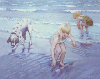 ACEO beach Boy Girl and dog, sea shore, small print, two children on the seashore, brother, sister, ocean, blue, collecting shells, shore