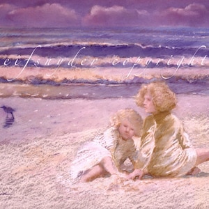 Strand Grußkarte 5x7 blonde Mädchen, zwei Kinder, Schwestern, Meer, Strand Kunst, blau, lila, rosa, Meer, Figuren, Menschen, Sand, Ufer