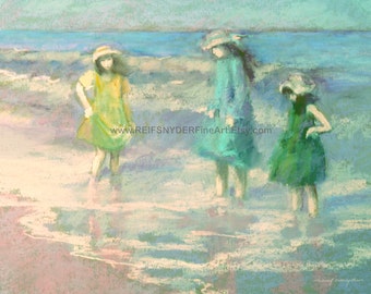 ACEO print three girls, beach print, seashore, children, blue, green, yellow, figures, shore, ocean, wading in surf, sisters, friends