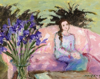 Girl with Iris card, figures, pink, purple iris, flowers in a vase, floral, women, indoors, woman seated, sitting, couch, painting, art 5x7