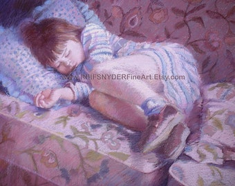 Sleeping child ACEO print , figures, girl, children, people, lavender, pink, blue, childs room, nursery art, napping, asleep