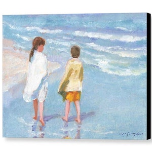 Beach print of two children, boy, girl, walking the seashore, ocean, shore, blue, yellow, seaside, brother, sister, kids, 8x10 16x20 24x36 image 4