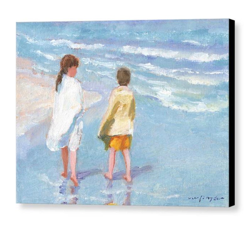 Beach print of two children, boy, girl, walking the seashore, ocean, shore, blue, yellow, seaside, brother, sister, kids, 8x10 16x20 24x36 image 4