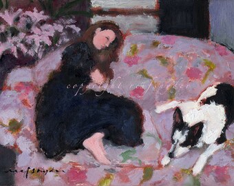 Greeting card 5x7 girl and dog, figures, pets, children, couch, people, pink, lavender, best friends, blank, black and white dog