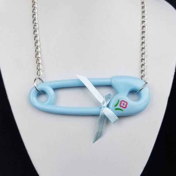 Extra Large Safety Pin Necklace, Baby Blue Safety Pin, Baby Jewelry, Statement Necklace, Kawaii Jewelry