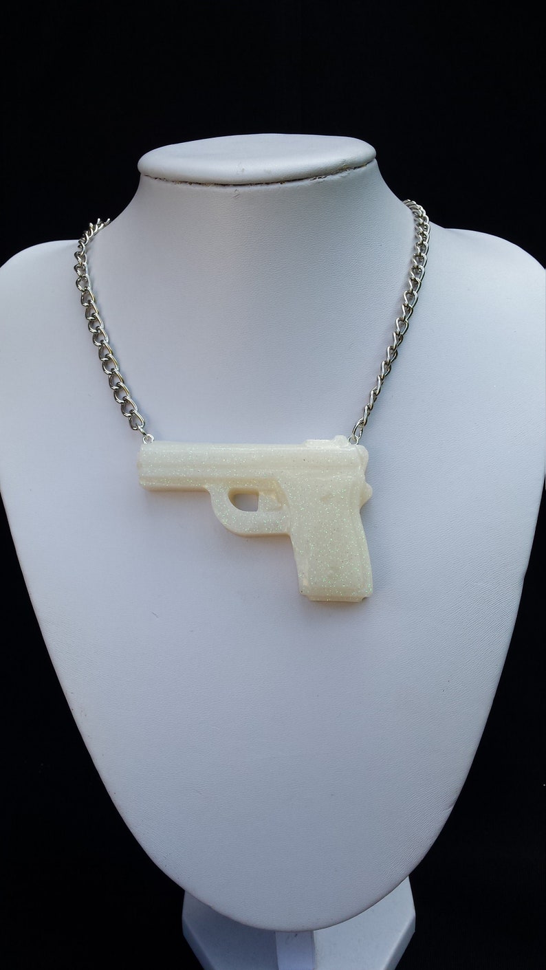 White Iridescent Glitter Resin Gun Necklace Epoxy Resin Statement Necklace Resin Jewelry