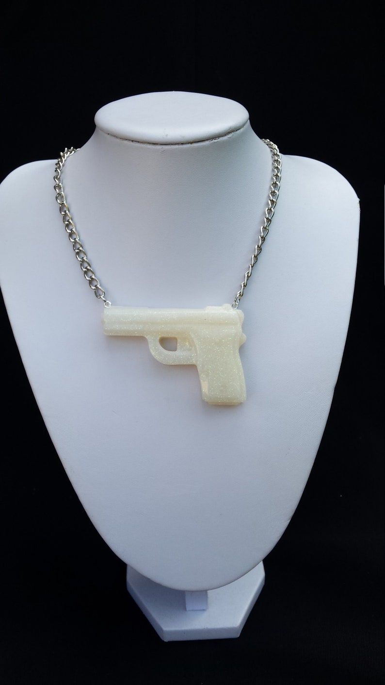 White Iridescent Glitter Resin Gun Necklace Epoxy Resin Statement Necklace Resin Jewelry