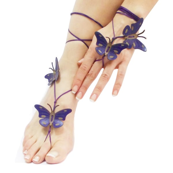 Deep Purple Butterfly Barefoot Sandal, Beach wedding, 12 Color Options , Bracelet Anklet, Spring Celebrations, Foot Thongs