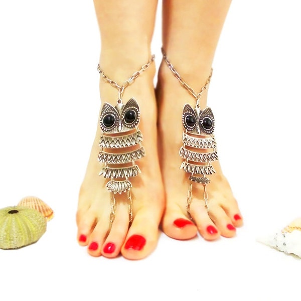 ON SALE// Owl Jewelry, Owl Barefoot Sandal Bangle, Halloween Foot Jewelry, Anklet, Silver barefoot sandal, Hot Trends, Foot Thongs