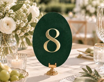 Minimalist Oval Velvet Table Number Cards, Die Cut Wedding Table Numbers, Gold Holders Included, Sophisticated Wedding Table Decor