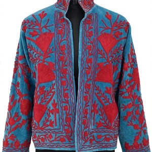 Suzani Velvet Jacket, Blue Red Floral Embroidered Jacket, Boho Vintage Coat, Statement Ethnic Outerwear