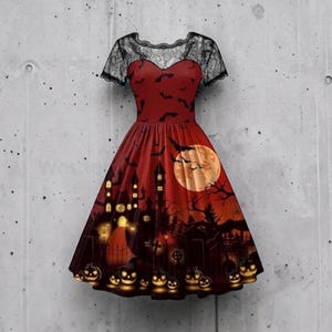 May include: A knee-length dress featuring a red bodice with a black bat pattern and short black lace sleeves. The skirt displays a dark scene with a full moon, a silhouette of a haunted house, bare trees, and glowing jack-o'-lanterns at the hem.