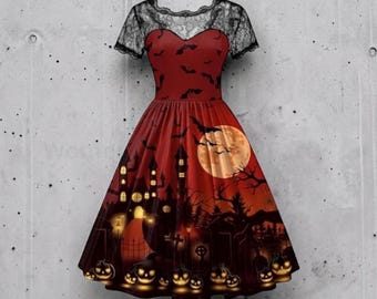 Women’s Halloween Costume Vintage Swing Lace Short-Sleeve Witch Dress