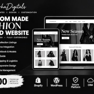 Op de afbeelding: Een zwart-wit digitaal display met een website-sjabloon voor een modemerk op een laptop, tablet en smartphone. De tekst luidt MirhaDigitals, Custom Made Fashion Brand Website en New Season. Iconen vertegenwoordigen functies zoals e-commerce en mobiele responsiviteit.