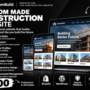 Op de afbeelding: Een digitaal display met een CustomBuild-bouwwebsite op een laptop, tablet en smartphone. Het scherm bevat de tekst Building Better Future, projectportfolio's, kostencalculators en opties voor serviceboekingen.