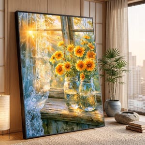 Sunlit Yellow Flowers Mason Jars, Rustic Window Canvas, Floral Home Decor, Warm Sunshine Wall Art, Country Style Canvas Print