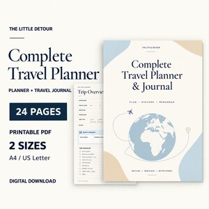 May include: A printable 24-page travel planner and journal titled The Little Detour. The cover features a globe graphic with a flight path, while the interior page shows a trip overview with sections for destination, dates, and budget in A4 paper size.