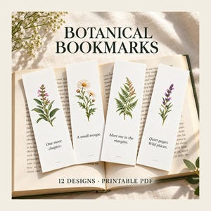 Op de afbeelding: Vier rechthoekige witte bladwijzers met botanische illustraties van bloemen en varens. De tekst luidt: One more chapter, A small escape, Meet me in the margins en Quiet pages, Wild places. De titel luidt BOTANICAL BOOKMARKS.