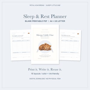 Könnte beinhalten: Ein digitales Schlaf- und Ruheplaner-Set als druckbares PDF mit drei Seiten. Die mittlere Seite zeigt den Titel Sleepy Little One mit einer Illustration eines braunen Löwenbabys. Die Seiten zeigen ein Protokoll und einen Dienstplan.
