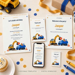 Construction Birthday Invitation Bundle: 5 Editable Truck Party Templates