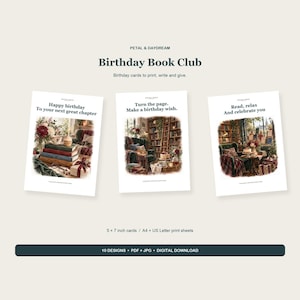 Op de afbeelding: Drie witte verjaardagskaarten met illustraties in boekthema. De tekst bevat 'Birthday Book Club', 'Happy birthday To your next great chapter', 'Turn the page. Make a birthday wish.' en 'Read, relax And celebrate you'. Inclusief kaarten van 12,7 x 17,8 cm.