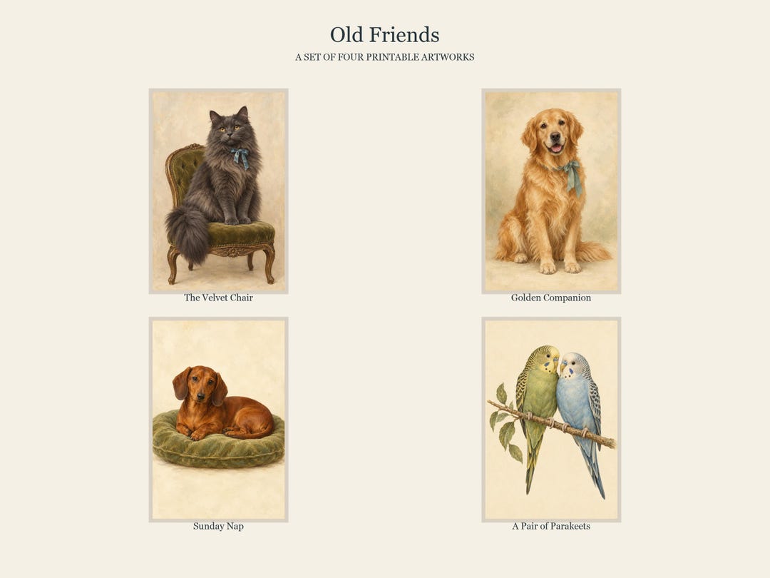 Animal Portrait Wall Art Set of 4: Printable Cat, Golden Retriever ...