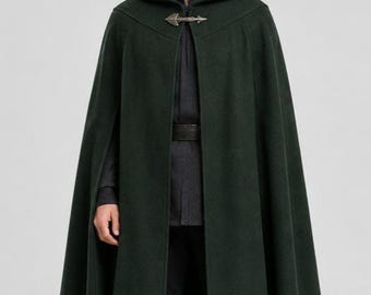 Donkergroene herenmantel met capuchon – Middeleeuwse fantasiecape, gotische lange capejas, renaissancekostuum, op Vikingen geïnspireerde mantel & cosplay-outfit