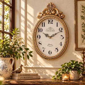 May include: An oval wall clock with a gold-toned frame featuring a rope-like texture and an ornate top crest. The white clock face displays black Arabic numerals, black hands, and the text 57 RUE de LILLE and Paris in black script.