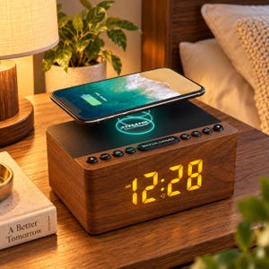 May include: A rectangular wooden alarm clock with a dark wood grain finish and a digital display showing 12:28 AM in yellow. The top surface features a black wireless charging pad with the text ANNANK and a smartphone resting on top.
