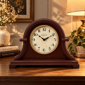 May include: A dark brown wooden mantel clock with an arched top and a round cream-colored face. The clock features black Arabic numerals, black spade-style hands, and the text "PRESENTIME & CO" printed in the center of the dial.