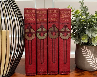 Antique Books/Book Decor/Farmhouse Books/Old Books/Bookshelf Decor/Farmhouse Collection/Book Collection/Red Books/BookBundle