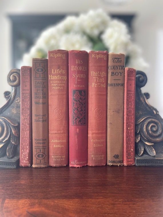 Antique Books/vintage Books/bookshelf Decor/farmhouse Collection/farmhouse  Books/old Books/book Bundle/book Decor/ Red Books/tattered Books 