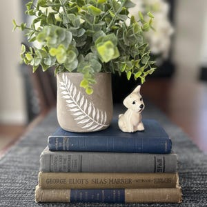 May include: A decorative arrangement featuring a stack of vintage books, a small ceramic dog figurine, and a small vase with a white fern design and green foliage. The books are in shades of blue, gray, and tan.