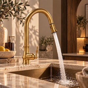 Könnte beinhalten: Eine gebürstete goldene Küchenarmatur mit hohem Bogenauslauf und einem seitlichen Einhebelmischer. Wasser fließt stetig aus dem ausziehbaren Brausekopf in ein tiefes rechteckiges Spülbecken. Die Armatur hat eine metallische Oberfläche und Form.