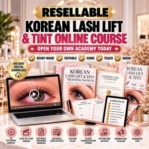 Może przedstawiać: Cyfrowy kurs liftingu i henny rzęs w stylu koreańskim, zawierający laptop z wideo, podręcznik szkoleniowy, certyfikat, plany lekcji i formularze konsultacyjne w różowym marmurze ze złotymi akcentami.