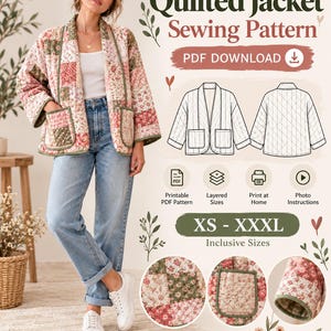 May include: A quilted jacket sewing pattern PDF download featuring a patchwork floral design in pink, green, and white. The image displays a jacket with two front pockets, technical line drawings, and size range XS to XXXL with icons for printable patterns, layered sizes, and photo instructions.