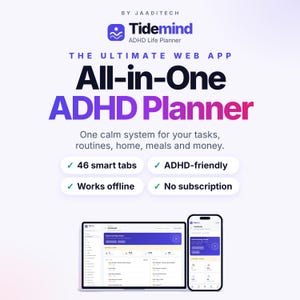Planificador de vida para madres con TDAH de Tidemind, aplicación web interactiva en HTML, gestor de presupuesto todo en uno (descarga digital)