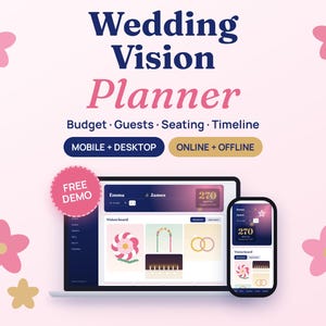 May include: A digital wedding vision planner displayed on a laptop and smartphone screen. The interface features sections for budget, guests, seating, and timeline. Text includes Wedding Vision Planner, Mobile + Desktop, Online + Offline, and Free Demo.