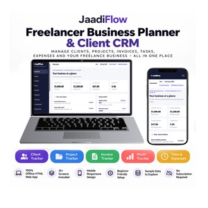 May include: A JaadiFlow Freelancer Business Planner and Client CRM software interface displayed on a laptop and smartphone. The dashboard shows business metrics, project health, and task lists. Includes icons for client, project, invoice, and profit tracking.