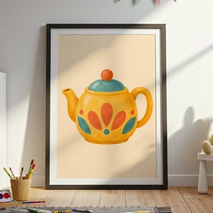 Colorful Teapot Nursery Poster - Warm, Playful Still Life
